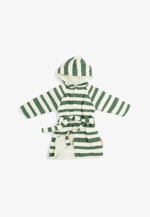 Hættebabybadekåbe med grønne og hvide vandrette striber, lange ærmer og bæltet i taljen på hvid baggrund.