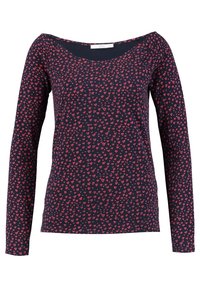 Camisa de manga larga azul marino con un pequeño patrón de corazones rojos, escote redondo y silueta ajustada.