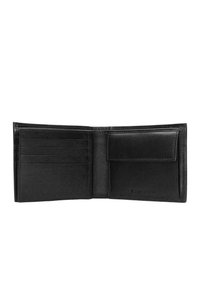 Portafoglio in pelle nera con più slot per carte, una finitura testurizzata e un design senza cuciture. Dispone di una tasca sicura sul lato destro.