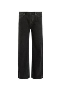 Jean noir à jambes larges en denim, doté d'un design classique à cinq poches et de coutures robustes pour une durabilité accrue.