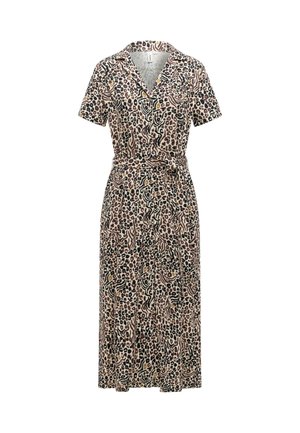 Kortærmet knælængde kjole med leopardmønster, knaplukning foran, krave og matchende stofbælte i taljen.