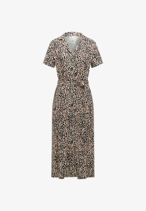 Kortermet, knelengde kjole med leopardmønster, knappelukking foran, kragehals og matchende belte i stoff i midjen.