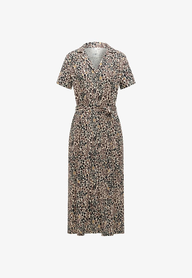 Korte mouwen, knielange jurk met een luipaardprint, knoopsluiting aan de voorkant, kraag, en een bijpassende stoffen riem in de taille.