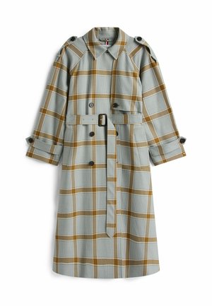 Langer, karierter Trenchcoat in Hellblau und Senfgelb. Mit tailliertem Gürtel, doppelreihigen Knöpfen und Schulterklappen. Aus Baumwollmischgewebe.