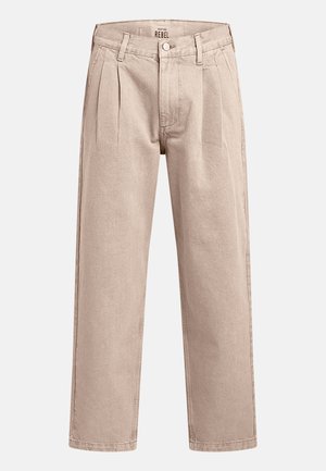 Μπεζ πλισέ παντελόνι από βαμβάκι με ευθεία γραμμή, διαθέτει κούμπωμα με κουμπί και θηλιές για ζώνη στη μέση.