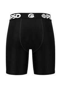 Sorte trenings boxertruser med et strukturert meshpanel og en bred elastisk linning med hvit merkevare og logo.