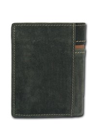 Leather wallet in dark grey with a smooth texture, featuring a brown card slot, contrasting stitching, and a sleek rectangular shape.