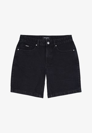 Melnas džinsu šortus ar taisnu piegriezumu, kas aprīkoti ar priekšējiem kabatām, pogu aizdari un mazu zīmola birku uz jostas.