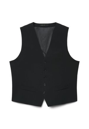 Gilet formale nero da uomo con cinque bottoni, due tasche frontali e collo a V, disteso su sfondo bianco.