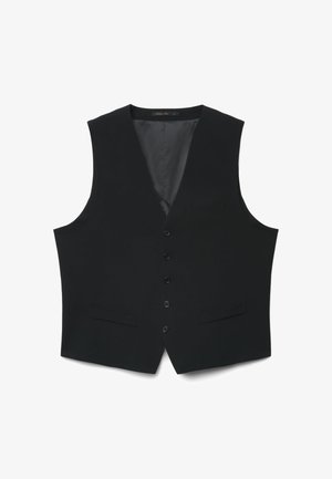 Gilet formale nero da uomo con cinque bottoni, due tasche frontali e collo a V, disteso su sfondo bianco.