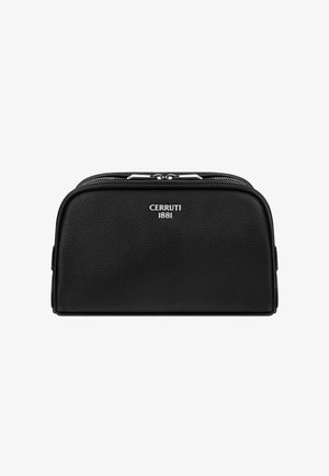 Black textured leather toiletry bag with double silver zipper and "Cerruti 1881" logo on front center.