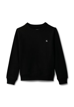 Czarna bluza z długim rękawem i okrągłym dekoltem, z prążkowanymi mankietami i dołem, z małym kwadratowym logo Calvin Klein na górnej lewej piersi.
