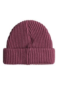 Strickmütze in tiefem Burgunderrot mit strukturiertem Rippdesign und umgeschlagenem Bund für zusätzliche Wärme und Komfort.