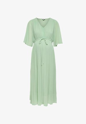 Svetlozelené tehotenské maxi šaty s výstrihom do V, zvonovými rukávmi, plisovanou sukňou a nastaviteľnou šnúrkou pod prsiami.