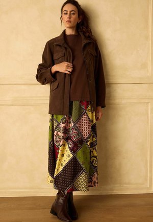 Next, MATTE SATIN MIDI SKIRT - A-line skirt - green yellow print