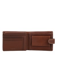 Brown leather bifold wallet open, showing multiple card slots on left and a coin pocket with flap and snap closure on right.