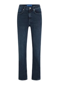 Temno pranje jeans s ravnim krojem, pet žepnim stilom, zapenjanjem na gumb in kontrastnim šivom. Bombažni material z rahlo teksturo.