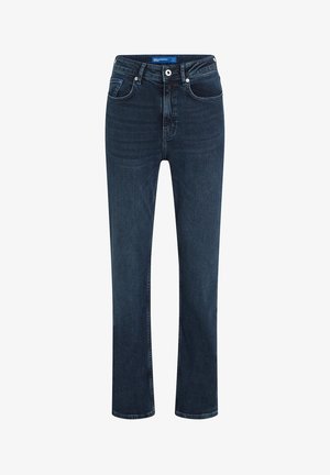 Tumedateeritud denim püksid sirge säärega disainiga, viie taskuga, nööbi sulgemisega ja kontrastsete õmblustega. Puuvillane materjal kerge tekstuuriga.