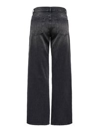 Jean noir à jambes larges vu de dos, avec deux poches arrière et une taille haute avec passants pour ceinture.