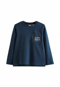 Marineblå langærmet skjorte lavet af bomuld med en lomme og lynlåsdetaljer, der har et mærke samt en afslappet pasform.