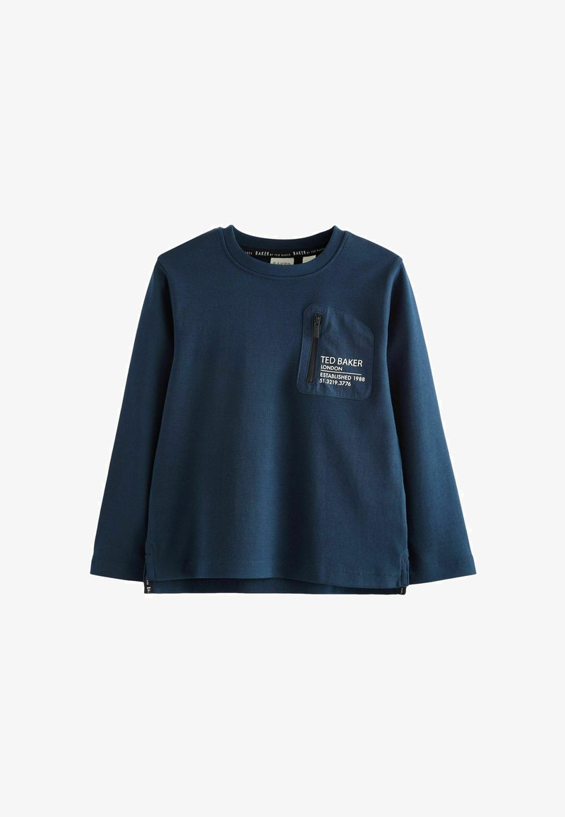 Marineblå langærmet skjorte lavet af bomuld med en lomme og lynlåsdetaljer, der har et mærke samt en afslappet pasform.