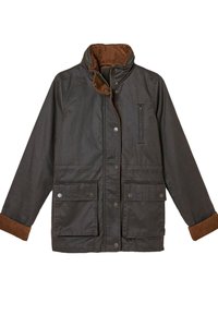 Dark brown waxed cotton jacket with corduroy collar and cuffs, front button and zipper closure, two flap pockets, and one vertical chest pocket.