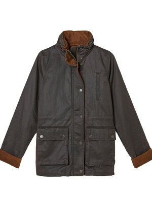 Dunkelbraune gewachste Baumwolljacke mit Cordkragen und -manschetten, vorderer Knopf- und Reißverschluss, zwei Klapptaschen und eine vertikale Brusttasche.