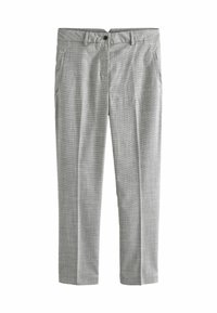 Ljusgrå byxor i strukturerad tyg, med rak benpassform, två framfickor och knappstängning i midjan.