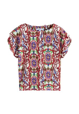 Korta ärmar topp i texturerad tyg med ett färgglatt blommigt och dekorativt mönster i röd, blå, grön och vit.