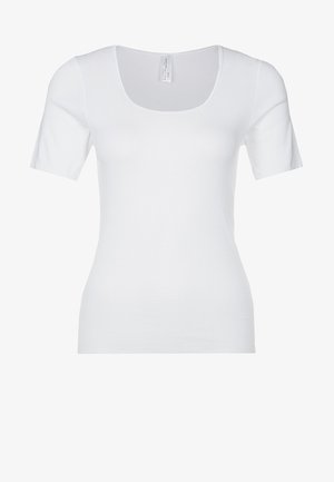 Witte t-shirt met korte mouwen en een ronde hals, gemaakt van gladde, rekbare stof. Heeft een aansluitend ontwerp en een nette zoom.