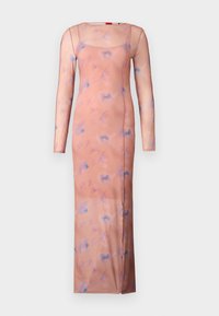 Long, fitted dress made of soft, sheer fabric in a peach color, adorned with a subtle blue abstract pattern, featuring long sleeves and a square neckline.