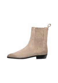 Stivaletti alla caviglia in suede beige con punta affilata, cuciture verticali sui lati e un tacco basso. Presentano una linguetta sul retro per una facile calzata.