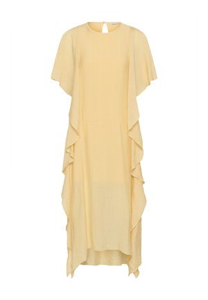 Lichtgele midi-jurk met korte fladdermouwen en vallende gerimpelde zijkanten, met een ronde hals en een keyhole knoopsluiting aan de achterkant.