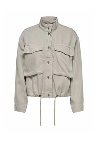 Ljusgrå kortjacka i mjukt tyg, med hög krage, två framfickor, tryckknappar och justerbar dragsko i nederkant.