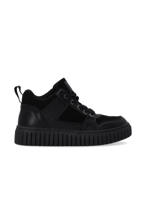 Czarne sneakersy wykonane z gładkiej skóry i zamszu, z solidną gumową podeszwą, okrągłymi sznurówkami oraz pętelką na pięcie.