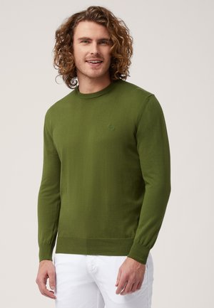 Maglione verde a maglia con maniche lunghe, scollatura rotonda e orlo a costine. Presenta un sottile dettaglio del logo sul petto, realizzato in tessuto morbido.