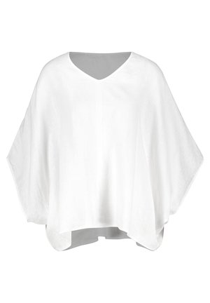 Weißer, lockerer V-Ausschnitt-Poncho mit weiten Ärmeln und einer weichen, fließenden Stoffstruktur.