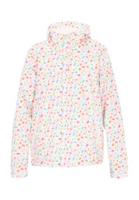 Giacca leggera con cappuccio, caratterizzata da uno sfondo bianco e motivi floreali multicolori in rosa, blu, verde e arancione.