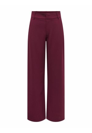 Pantalon taille haute à jambes larges en bordeaux profond avec passants de ceinture et une couture avant nette, présenté sur fond blanc.