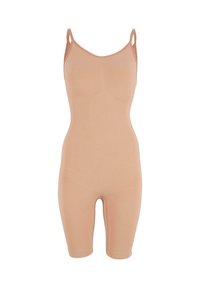 Beige sömlös formande bodysuit med justerbara tunna axelremmar och shorts i midjehöjd.