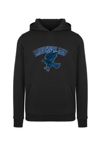 Svart hettegenser med frontlomme, justerbar snor i hetten og en blå grafikk av en ravn med teksten "RAVENCLAW" over.