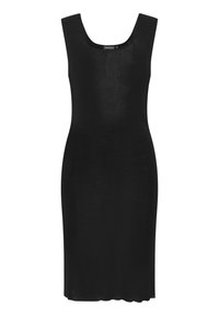 Robe noire sans manches avec un décolleté carré, coupe ajustée et longueur au genou. Fabriquée en tissu léger et lisse.