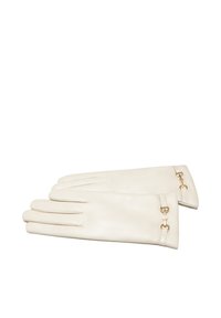 Witte leren handschoenen met een gladde textuur. Voorzien van een decoratieve gouden hardwareaccent en gestikte details bij de manchetten.