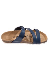 Infradito blu navy con tre cinturini, una soletta in sughero e una suola interna texturizzata. Caratterizzato da una fibbia per una vestibilità regolabile e suola in gomma.