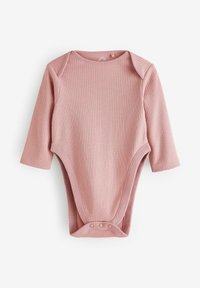 Langærmet ribbet bodystocking i blød lyserød med trykknapper i bunden og en rund halsudskæring, der gør det nemt at tage på.