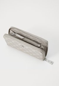 Light grey wallet with zip closure, featuring a textured pattern and silver-tone hardware. Interior compartments for cards and cash.