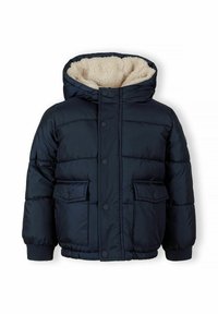 Veste d'hiver navy avec capuche doublée en fausse fourrure, boutons pression à l'avant et deux poches latérales, avec des poignets et un ourlet côtelés.