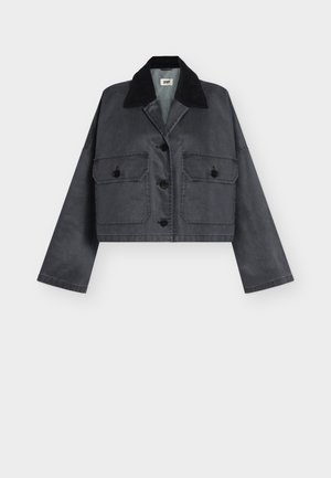 Dunkelgraue kurze Jacke mit schwarzem Kordkragen, langen Ärmeln, Knöpfen vorne und zwei mit Knöpfen verschlossenen Klappentaschen.