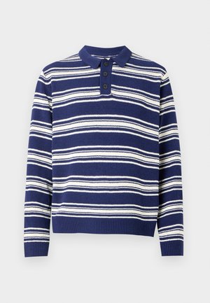 Maglione a righe blu navy e bianco, con colletto e tre bottoni, in materiale a maglia testurizzata e polsini a costine.