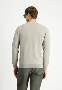 Mężczyzna w jasnoszarym swetrze z długim rękawem i ciemnozielonych spodniach, widziany od tyłu na jednolitym białym tle.